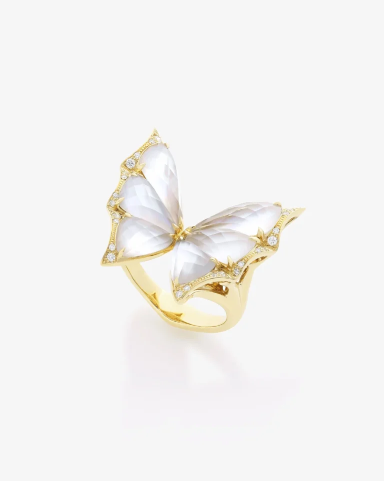 fly by night butterfly crystal haze cocktail ring 18k yellow gold mother of pearl